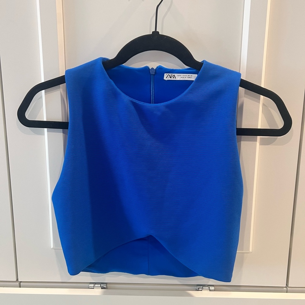 Zara Blue Asymmetrical Crop Tank Top